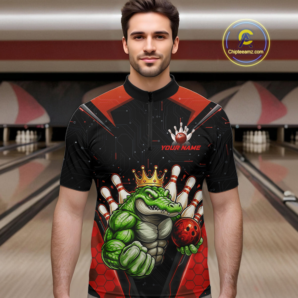 Custom Funny Red Crocodile Bowling Shirt Alligator Bowling Jersey for Men Polo & 1/4 Zip QZT823