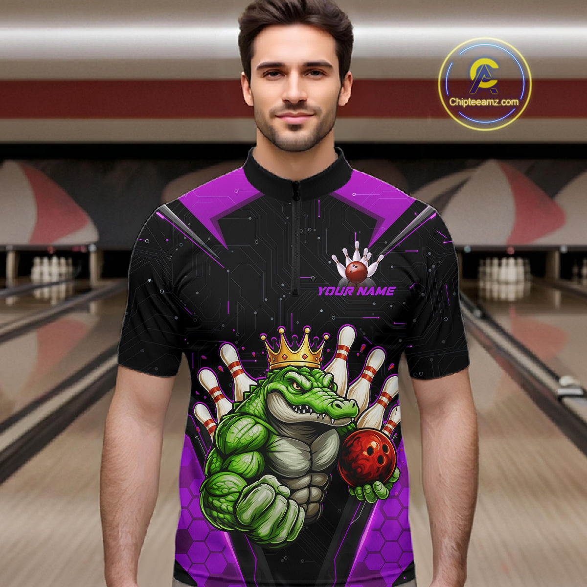 Custom Funny Purple Crocodile Bowling Shirt Alligator Bowling Jersey for Men Polo & 1/4 Zip QZT823