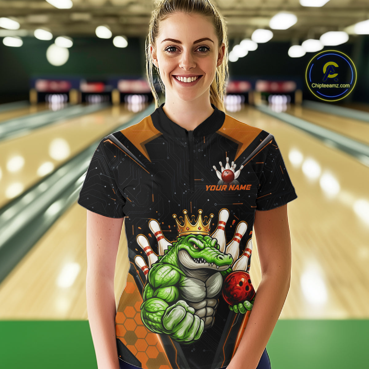 Custom Funny Orange Crocodile Bowling Shirt Alligator Bowling Jersey for Women Polo & 1/4 Zip QZT823