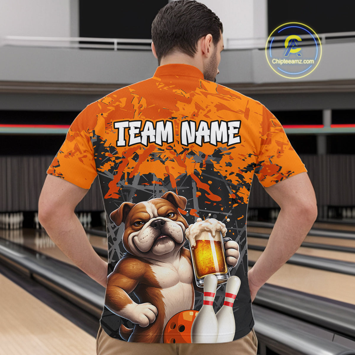 Orange Bull Dog & Beer Bowling Shirt for Men Custom Bowling Team Jersey Bowling Outfit QZT998