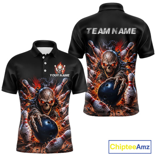 Black polo shirt with fiery skeleton design and customizable text on a white background