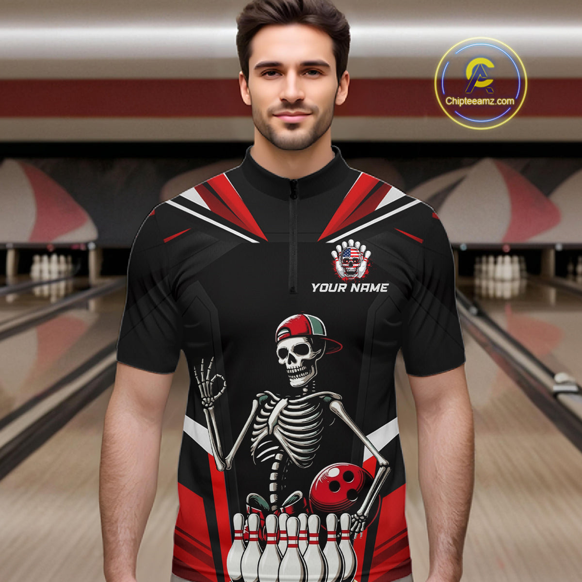 Red Funny Skeleton Bowling Shirt Personalized Bowing Jersey for Men Bowling Team QZT828