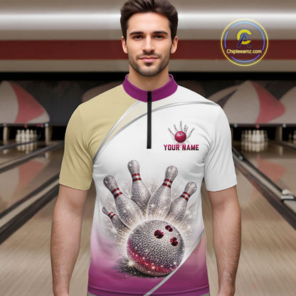 Custom Rhinestone Bowling Shirt for Men Gradient Bowling Team Jersey Polo & Quarter-Zip Bowling Outfit QZT965