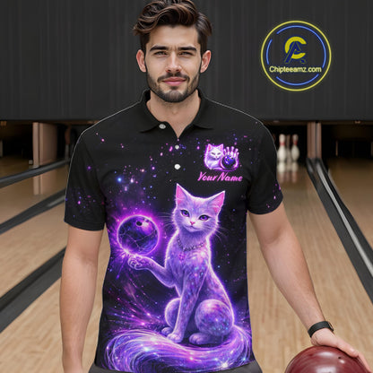 Cat Aurora Galaxy Bowling Shirt  for Men Custom Neon Glow Bowling Jersey Polo & Quarter-Zip QZT968