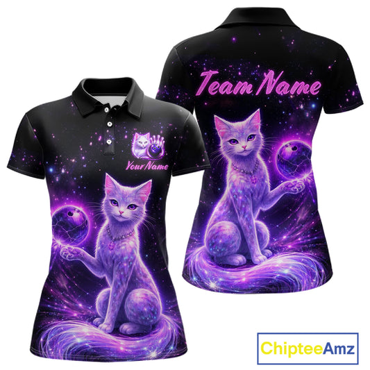 Cat Aurora Galaxy Bowling Shirt  for Women Custom Neon Glow Bowling Jersey Polo & Quarter-Zip QZT968