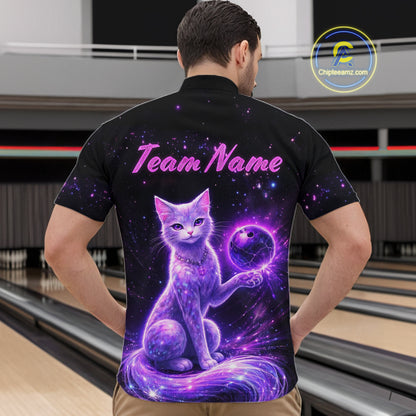 Cat Aurora Galaxy Bowling Shirt  for Men Custom Neon Glow Bowling Jersey Polo & Quarter-Zip QZT968