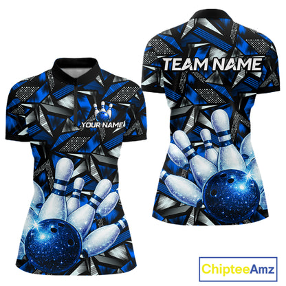 Blue Rhinestone Bowling Shirt for Women Custom Bowling Team Jersey Polo & Quarter-Zip QZT1003