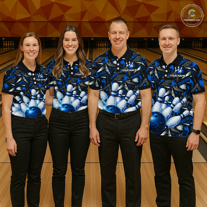 Blue Rhinestone Bowling Shirt for Women Custom Bowling Team Jersey Polo & Quarter-Zip QZT1003
