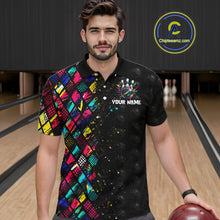 Load image into Gallery viewer, Man wearing a colorful bowling shirt with a logo and text in a bowling alley.
