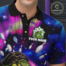 Load image into Gallery viewer, Colorful polo shirt with a turtle and bowling design, featuring 'Your Name' text.