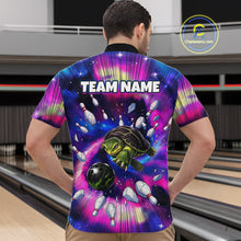 Load image into Gallery viewer, Person wearing a colorful bowling shirt with a turtle design and 'TEAM NAME' text in a bowling alley.