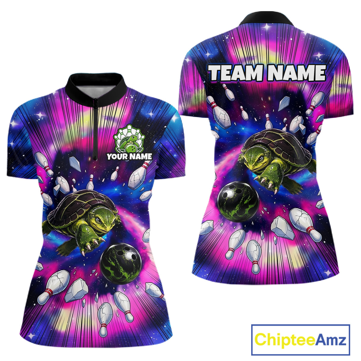 Colorful bowling-themed shirt with turtles and bowling pins, featuring 'Your Name' and 'Team Name' text, on a white background.