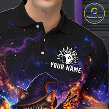 Load image into Gallery viewer, Black polo shirt with a colorful design featuring a cat in a witch hat, flames, and space-themed elements. The brand 'Chipteeamz.