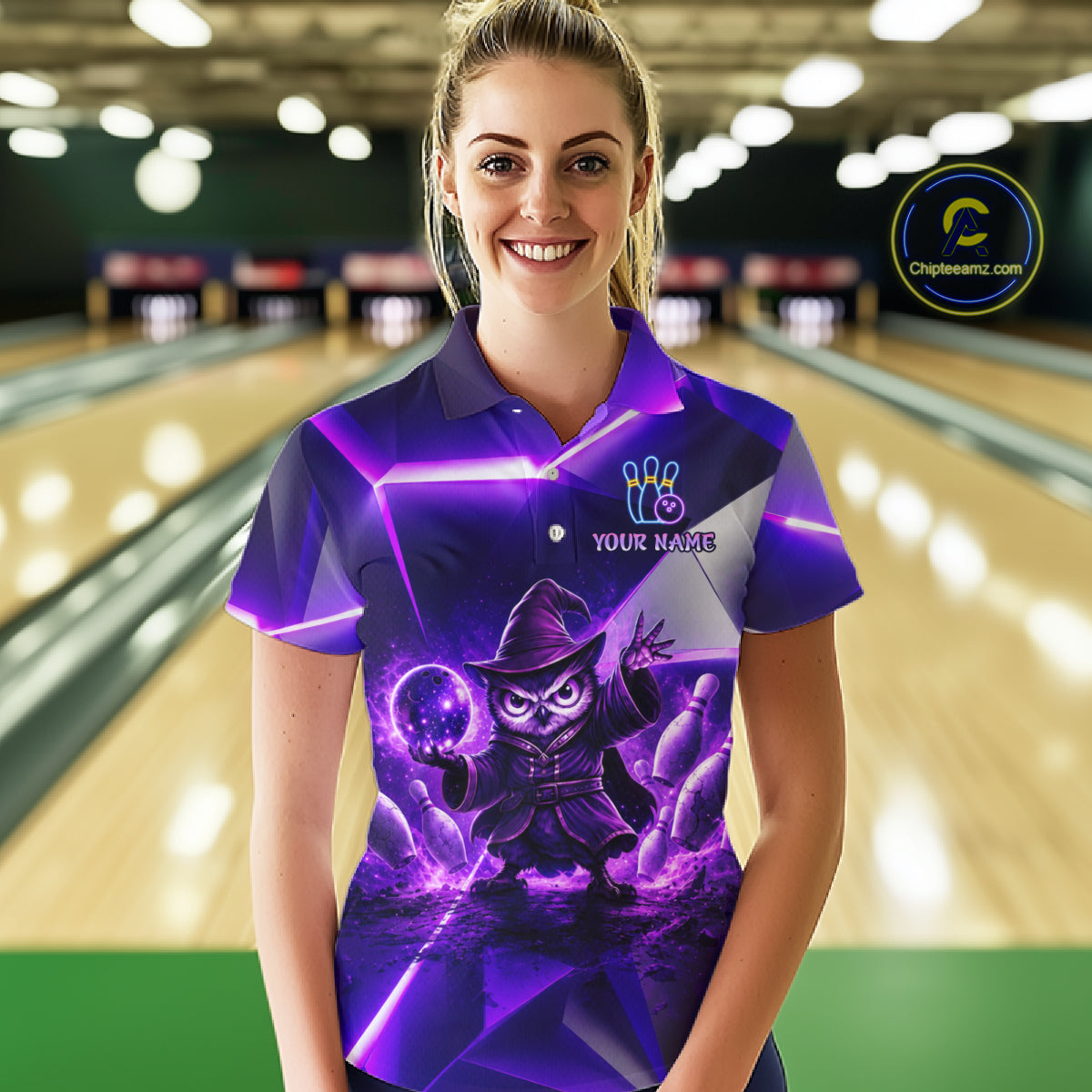 Custom Neon Purple Owl Bowling Shirt for Women Bowling Jersey League Polo & Quarter-Zip QZT1235