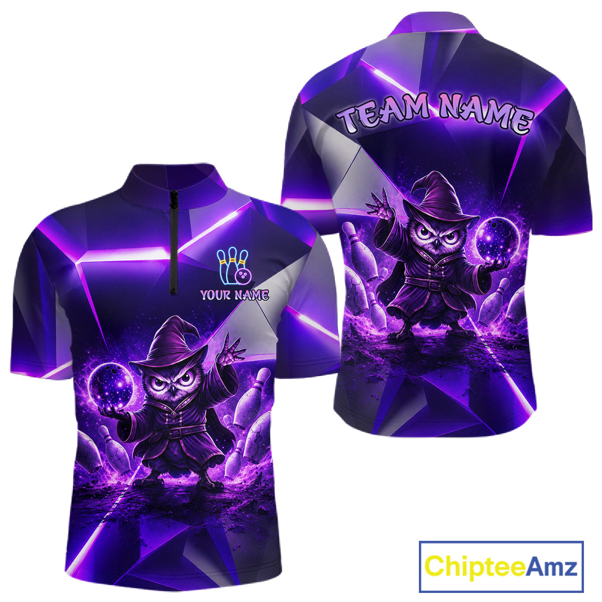 Custom Neon Purple Owl Bowling Shirt for Men Bowling Jersey League Polo & Quarter-Zip QZT1235