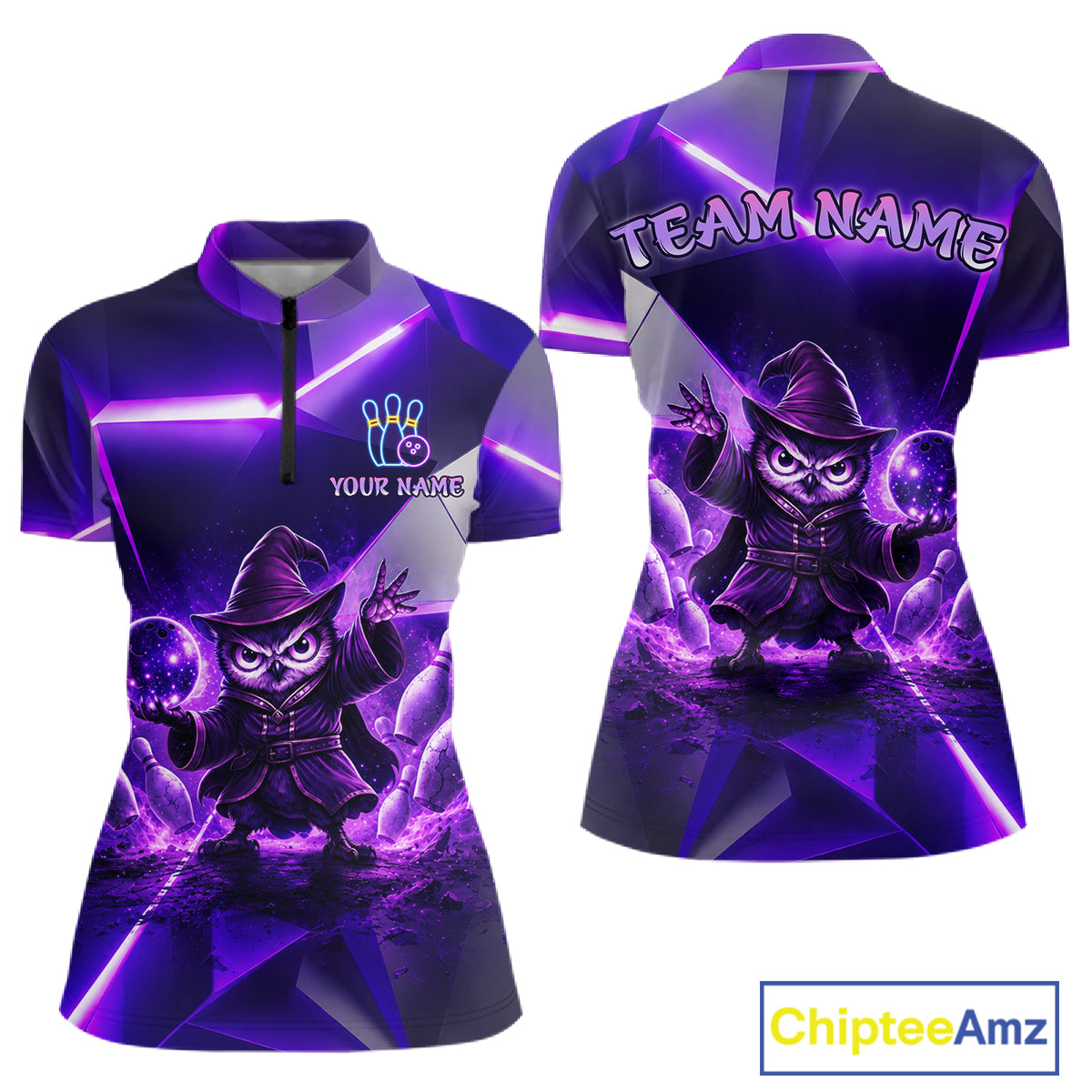 Custom Neon Purple Owl Bowling Shirt for Women Bowling Jersey League Polo & Quarter-Zip QZT1235