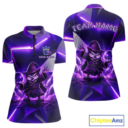 Custom Neon Purple Owl Bowling Shirt for Women Bowling Jersey League Polo & Quarter-Zip QZT1235