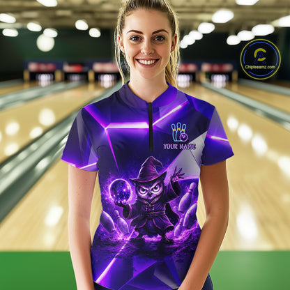 Custom Neon Purple Owl Bowling Shirt for Women Bowling Jersey League Polo & Quarter-Zip QZT1235