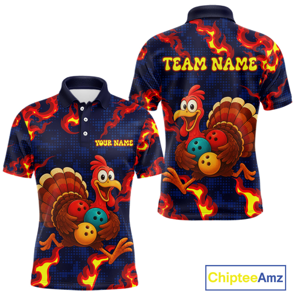Custom Funny Turkey Bowling Shirt for Men Red Flames Bowling Jersey League Polo & Quarter-Zip QZT1237