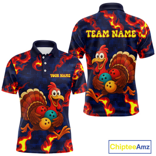 Custom Funny Turkey Bowling Shirt for Men Red Flames Bowling Jersey League Polo & Quarter-Zip QZT1237