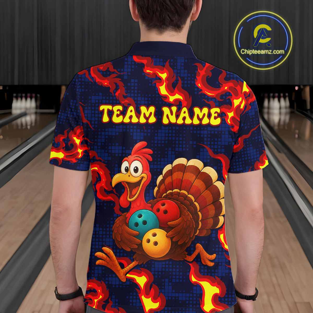 Custom Funny Turkey Bowling Shirt for Men Red Flames Bowling Jersey League Polo & Quarter-Zip QZT1237