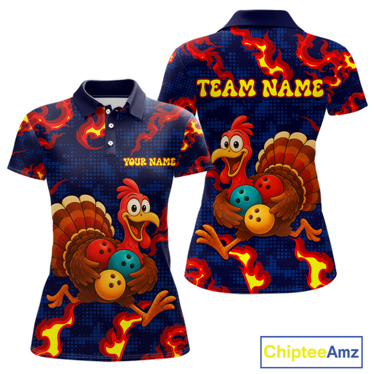 Custom Funny Turkey Bowling Shirt for Women Red Flames Bowling Jersey League Polo & Quarter-Zip QZT1237