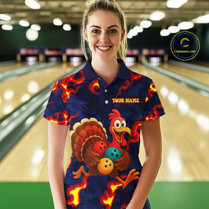 Custom Funny Turkey Bowling Shirt for Women Red Flames Bowling Jersey League Polo & Quarter-Zip QZT1237