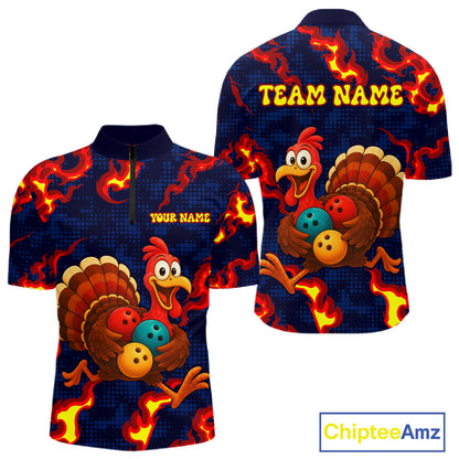 Custom Funny Turkey Bowling Shirt for Men Red Flames Bowling Jersey League Polo & Quarter-Zip QZT1237