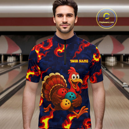 Custom Funny Turkey Bowling Shirt for Men Red Flames Bowling Jersey League Polo & Quarter-Zip QZT1237