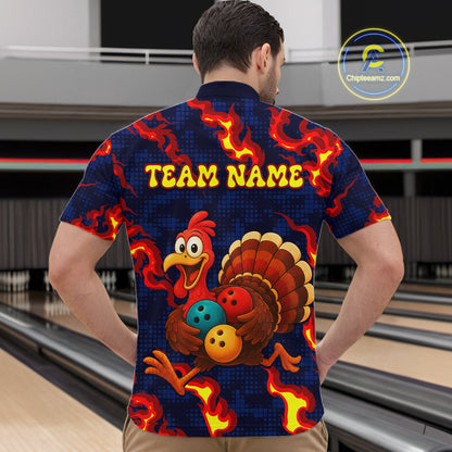 Custom Funny Turkey Bowling Shirt for Men Red Flames Bowling Jersey League Polo & Quarter-Zip QZT1237