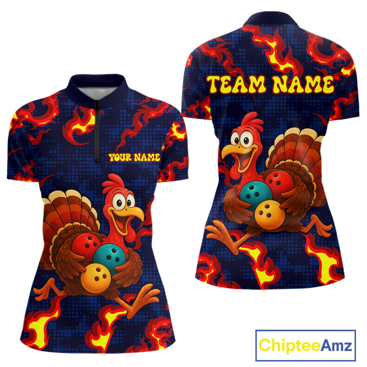 Custom Funny Turkey Bowling Shirt for Women Red Flames Bowling Jersey League Polo & Quarter-Zip QZT1237