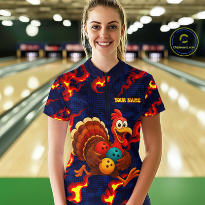 Custom Funny Turkey Bowling Shirt for Women Red Flames Bowling Jersey League Polo & Quarter-Zip QZT1237