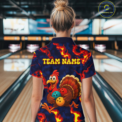 Custom Funny Turkey Bowling Shirt for Women Red Flames Bowling Jersey League Polo & Quarter-Zip QZT1237