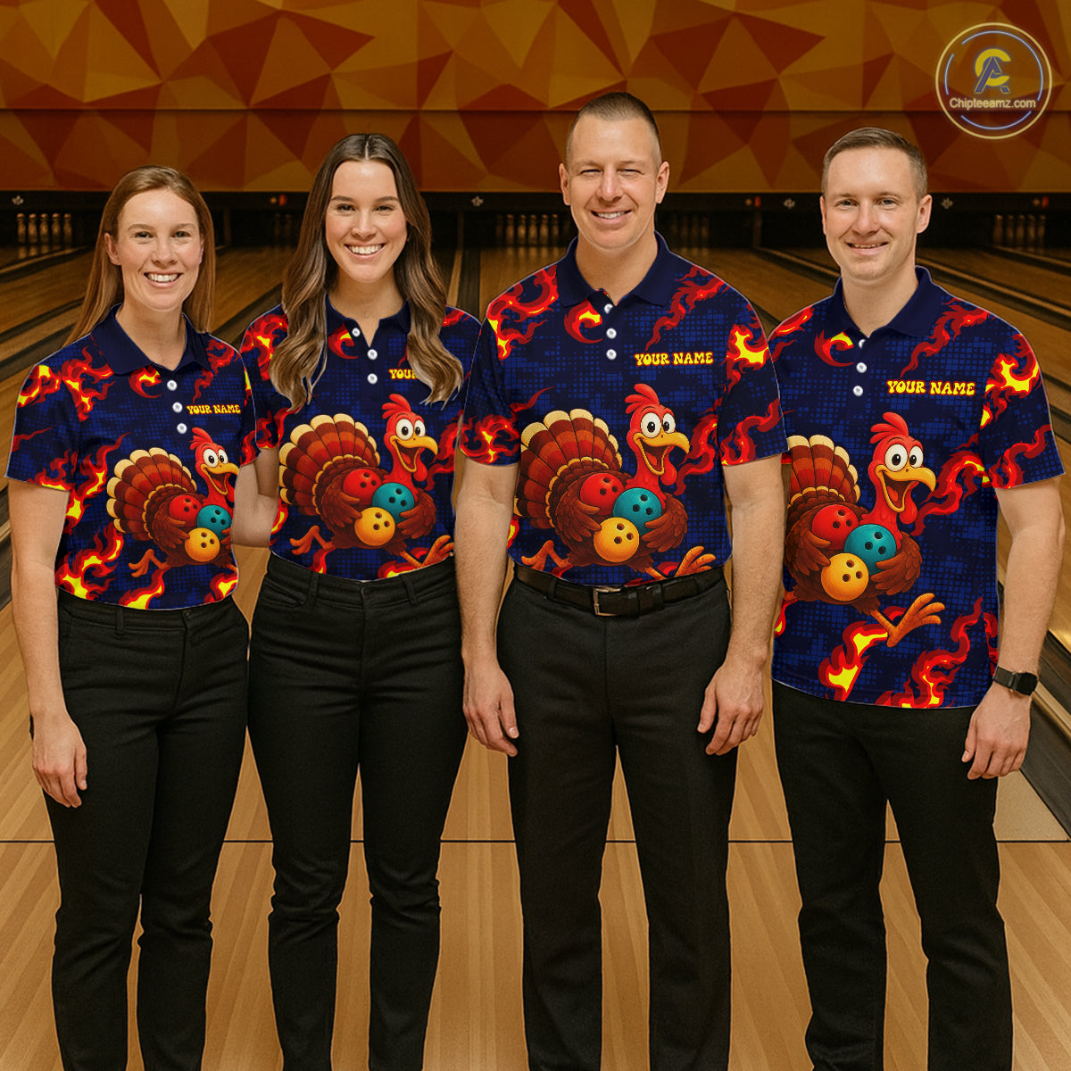 Custom Funny Turkey Bowling Shirt for Women Red Flames Bowling Jersey League Polo & Quarter-Zip QZT1237