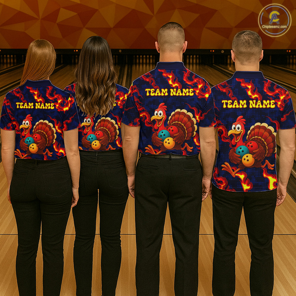 Custom Funny Turkey Bowling Shirt for Women Red Flames Bowling Jersey League Polo & Quarter-Zip QZT1237