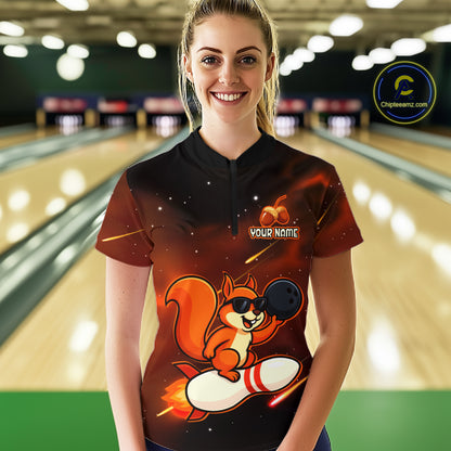 Orange & Black Funny Squirrel Bowling Shirt for Women Bowling League Jersey Polo & Quarter-Zip QZT879