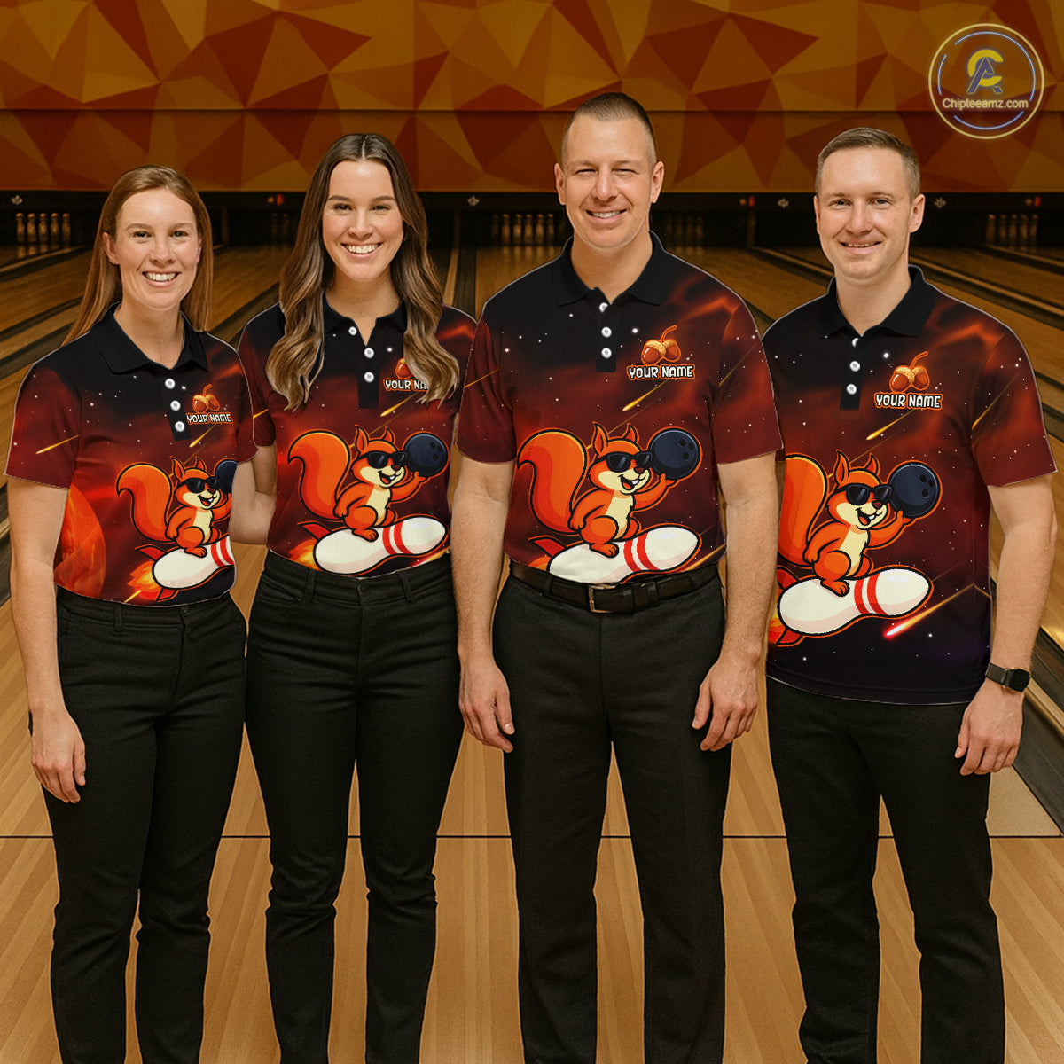 Orange & Black Funny Squirrel Bowling Shirt for Women Bowling League Jersey Polo & Quarter-Zip QZT879