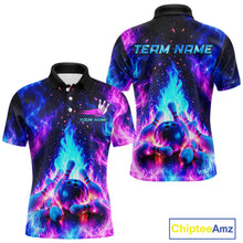 Load image into Gallery viewer, Colorful bowling shirt with flames and bowling ball design, customizable text, and Chiptee Amz branding.