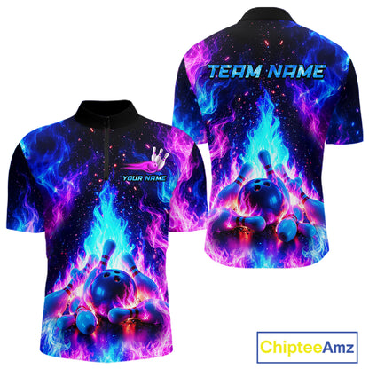 Colorful bowling shirt with flames and bowling elements, featuring 'Team Name' and 'Your Name' text on a white background.