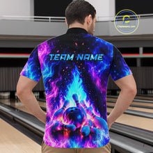 Load image into Gallery viewer, Person wearing a colorful bowling shirt with a bowling ball design in a bowling alley.