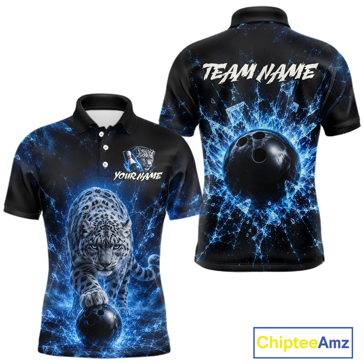 Black polo shirt with blue energy design featuring a leopard and bowling ball, customizable text on a white background.