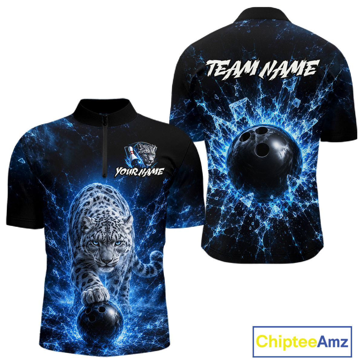 Bowling shirt with blue and black design featuring a leopard and bowling ball, with 'Team Name' and 'Your Name' text space.