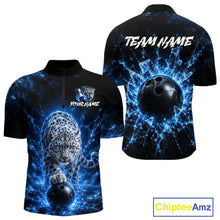 Load image into Gallery viewer, Bowling shirt with blue and black design featuring a leopard and bowling ball, with 'Team Name' and 'Your Name' text space.