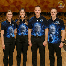 Load image into Gallery viewer, Four people wearing matching blue and black shirts with a logo on a bowling alley background