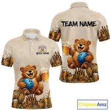 Load image into Gallery viewer, Beige polo shirt with bear graphics and beer mugs on a white background, featuring 'Chiptee Amz' branding.