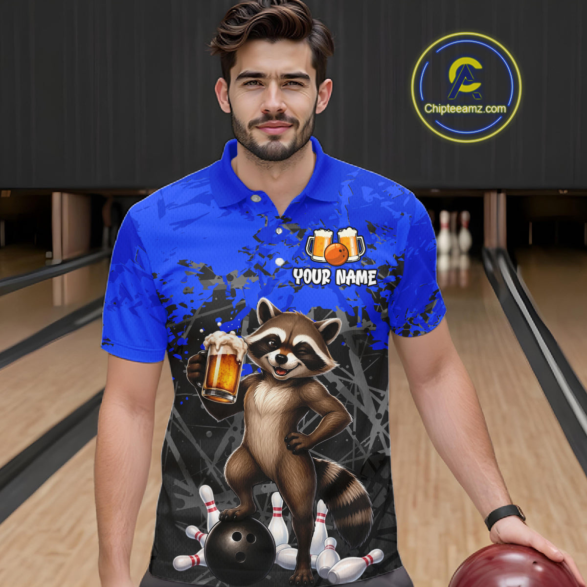 Custom Blue Funny Raccoon Bowling Shirt for Men Bowling Team Jersey Polo & 1/4-Zip QZT1239