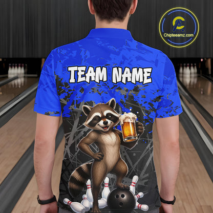 Custom Blue Funny Raccoon Bowling Shirt for Men Bowling Team Jersey Polo & 1/4-Zip QZT1239