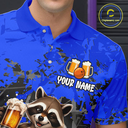 Custom Blue Funny Raccoon Bowling Shirt for Men Bowling Team Jersey Polo & 1/4-Zip QZT1239