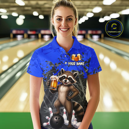 Custom Blue Funny Raccoon Bowling Shirt for Women Bowling Team Jersey Polo & 1/4-Zip QZT1239