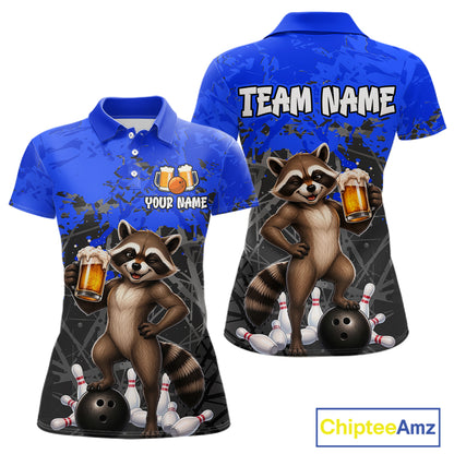 Custom Blue Funny Raccoon Bowling Shirt for Women Bowling Team Jersey Polo & 1/4-Zip QZT1239